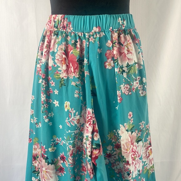 Cherry Blossom turquoise,blue Kimono high waisted wide leg pants,small,floral - Picture 5 of 13